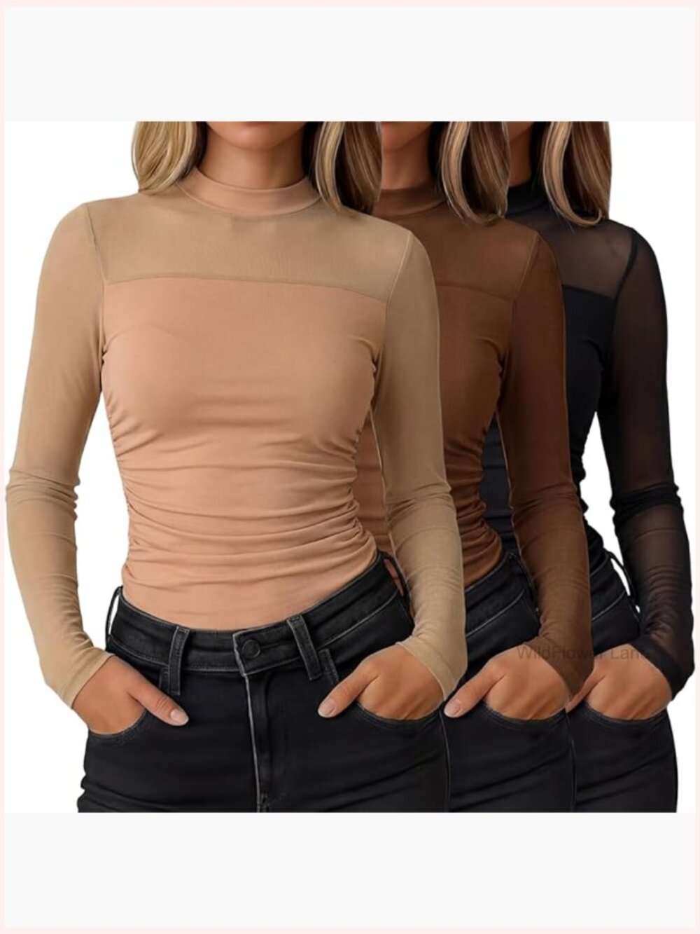 3 Pack Sheer Mesh Tops Long Sleeve Mock Turtle Neck Ruched Fitted Blouse Party